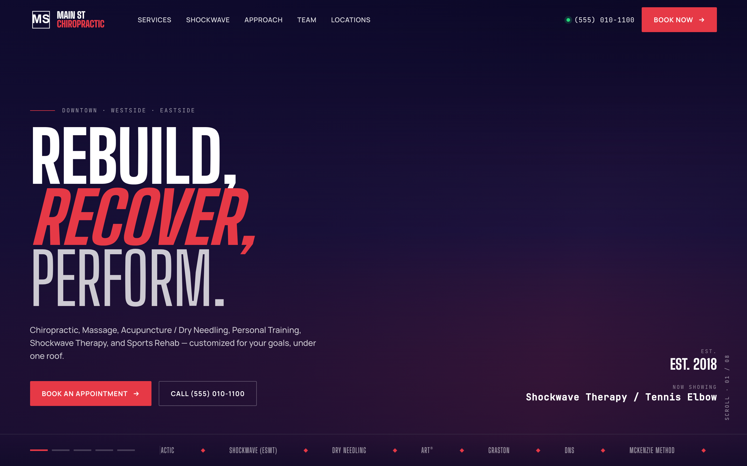 Main Street Chiropractic — modern restaged site with bold typography, online booking CTAs, and mobile-first design