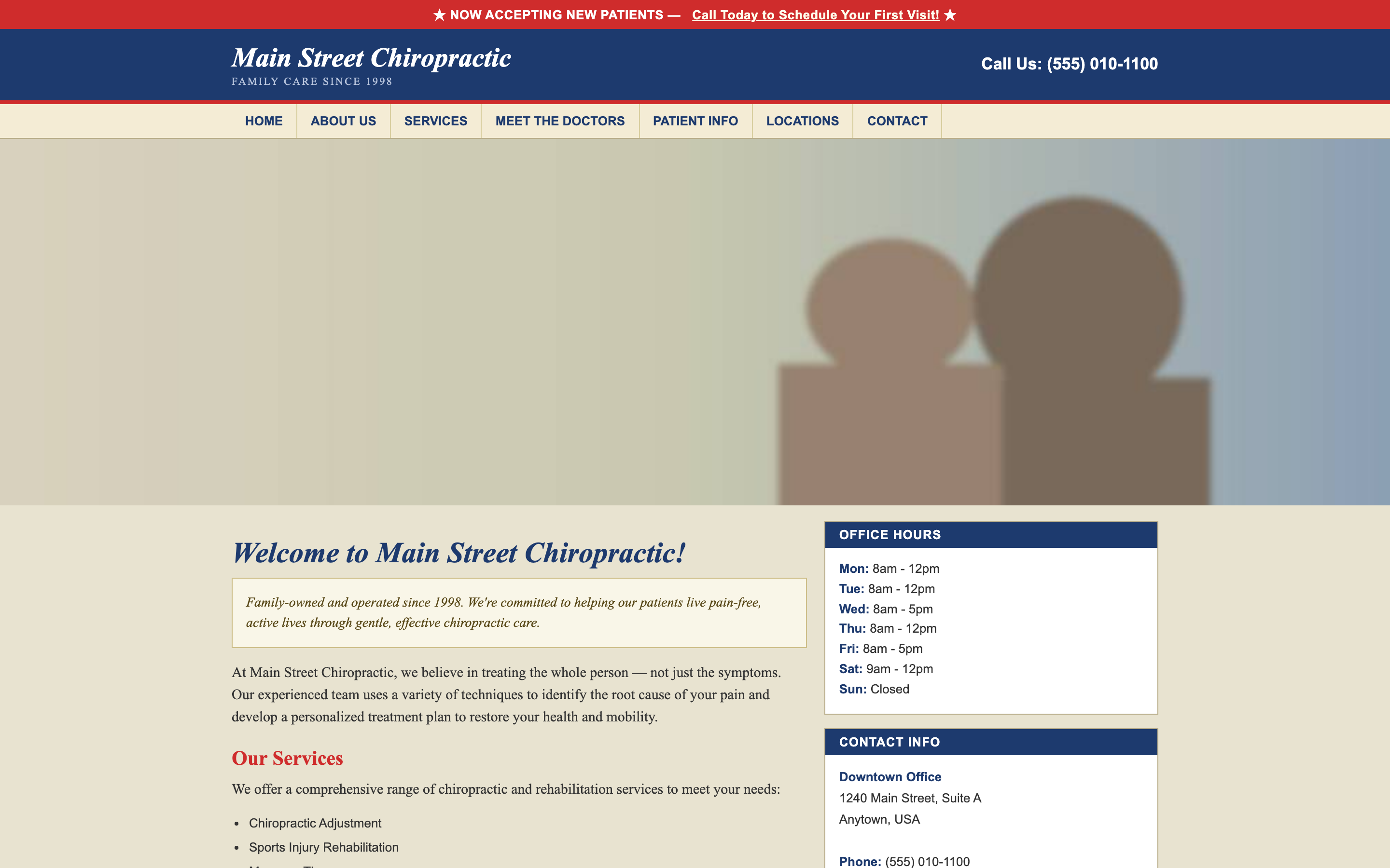 Main Street Chiropractic — dated website with table-based layout, cluttered sidebar, and 2010-era design